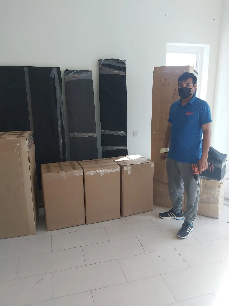 Labelled and wrapped boxes ready for a Dubai house move