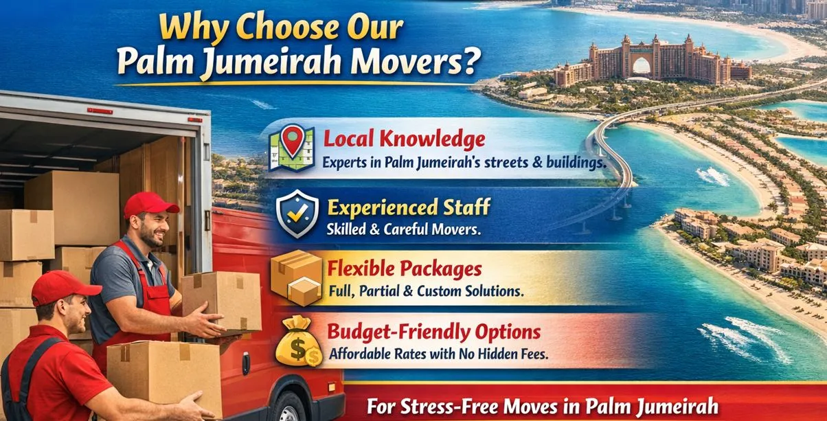 ARZ Movers team loading boxes with Palm Jumeirah skyline, highlighting affordable and professional moving services.