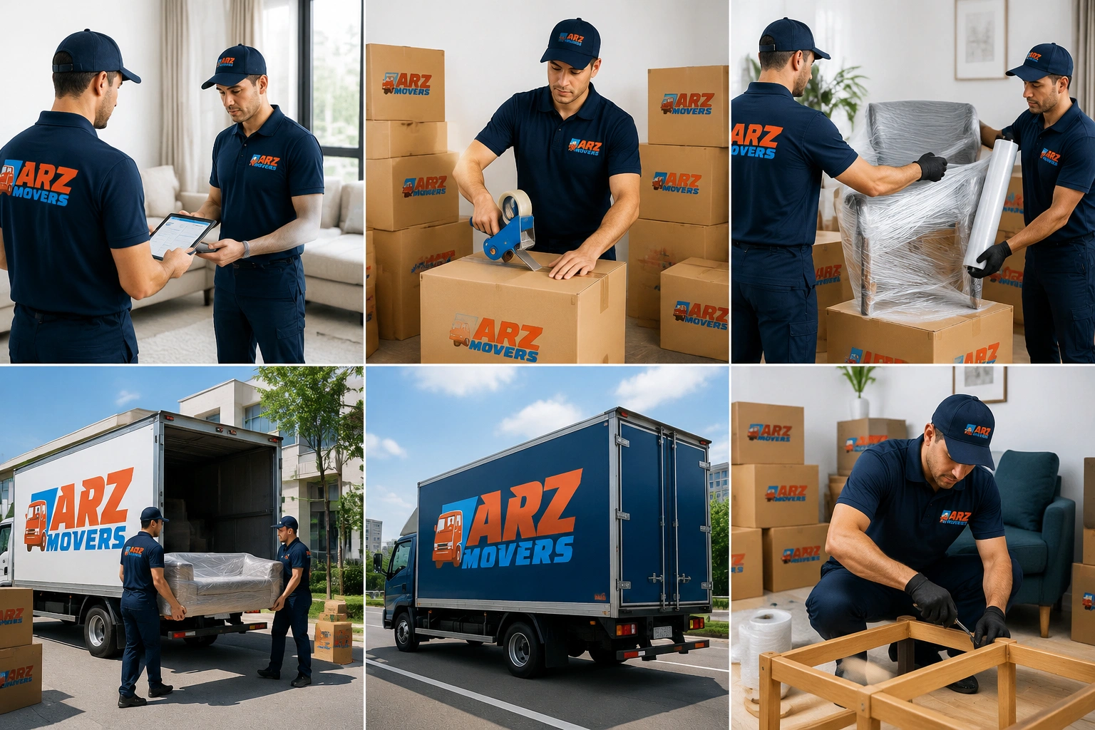 Six-step moving process including survey, packing, permits, secure transport, installation, and final handover.