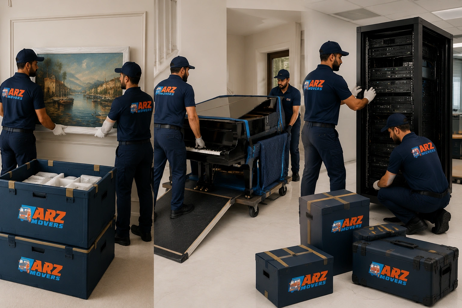 Six-step moving process including survey, packing, permits, secure transport, installation, and final handover.