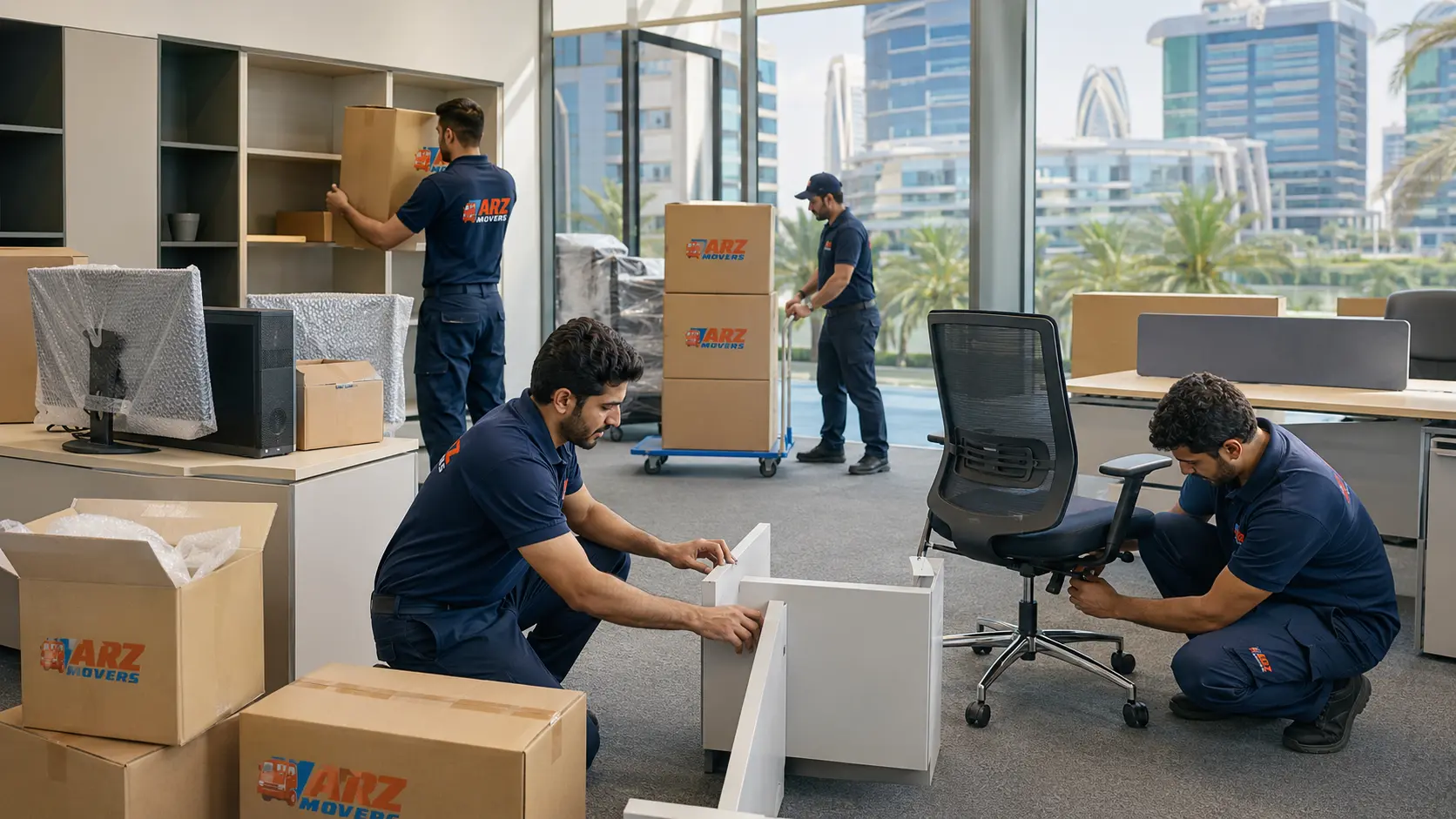 Office movers in Business Bay handling IT equipment, furniture, transport, and fast business relocation services.