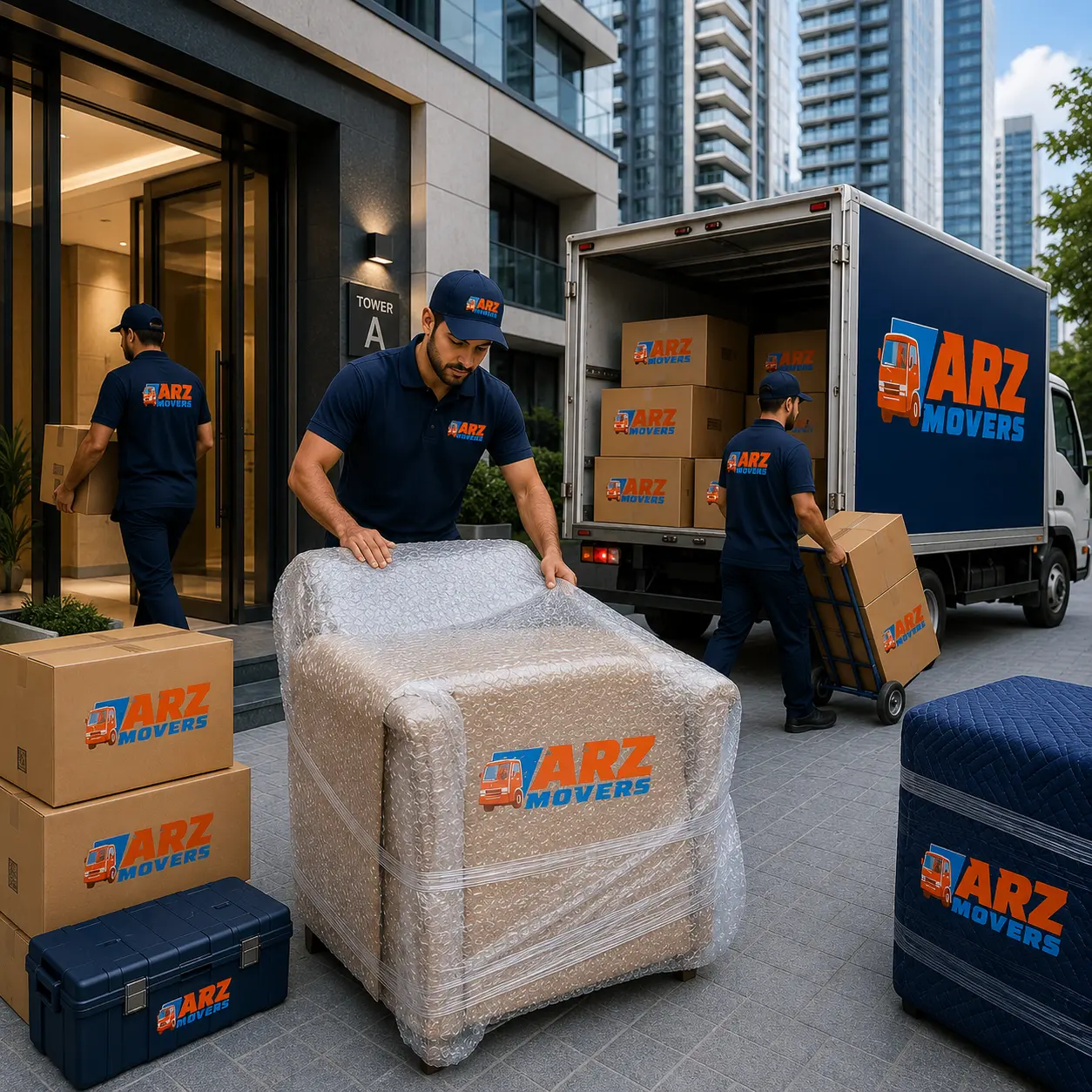 ARZ Movers team in blue uniforms loading furniture and boxes with branded truck outside a modern apartment tower.