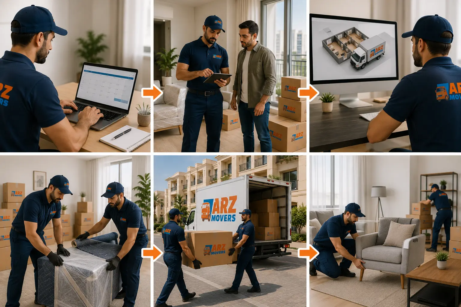 Four-step ARZ moving process: instant truck allocation, professional packing, GPS tracking, unloading & setup service.