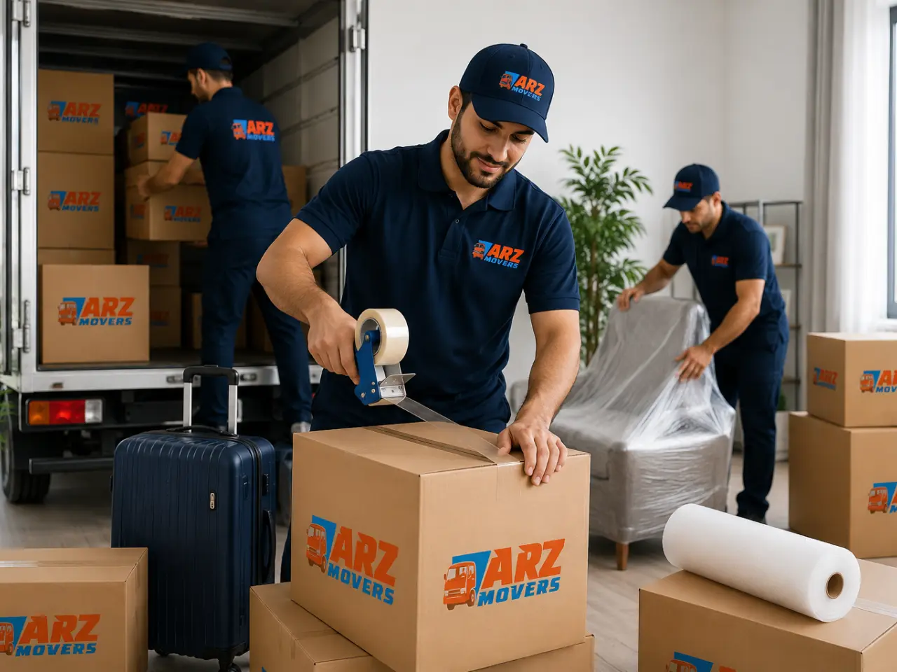 ARZ Movers Al Ain Move ARZ Movers team in Al Ain packing boxes, wrapping furniture, and loading a truck for a safe and stress-free move.