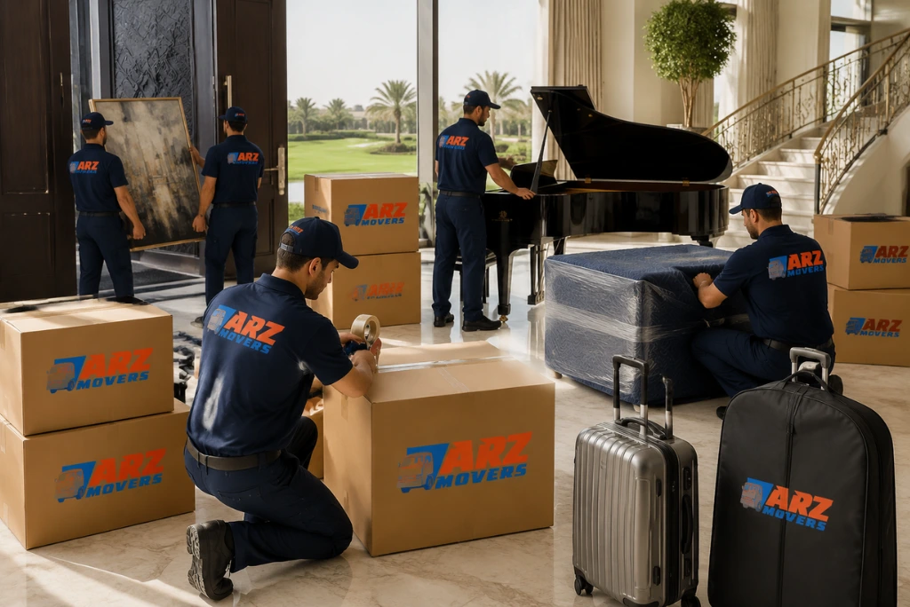 ARZ Movers offering luxury relocation in Emirates Hills Dubai with fine art packing climate controlled transport discreet service.