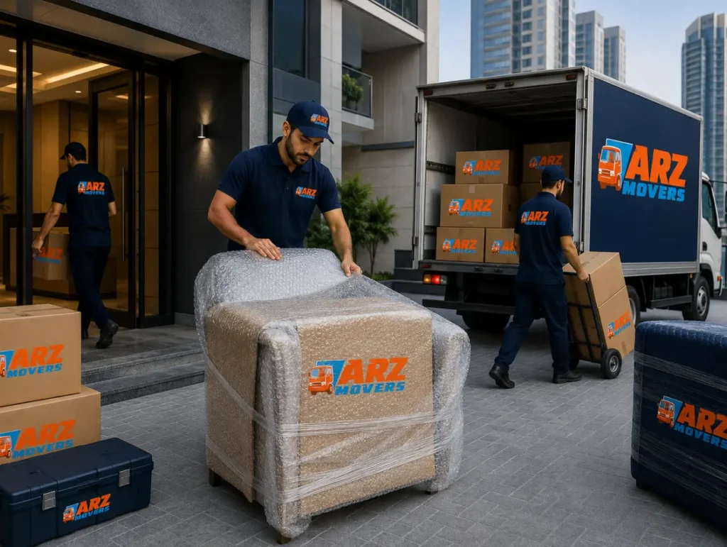 ARZ Movers team in blue uniforms loading furniture and boxes with branded truck outside a modern apartment tower.