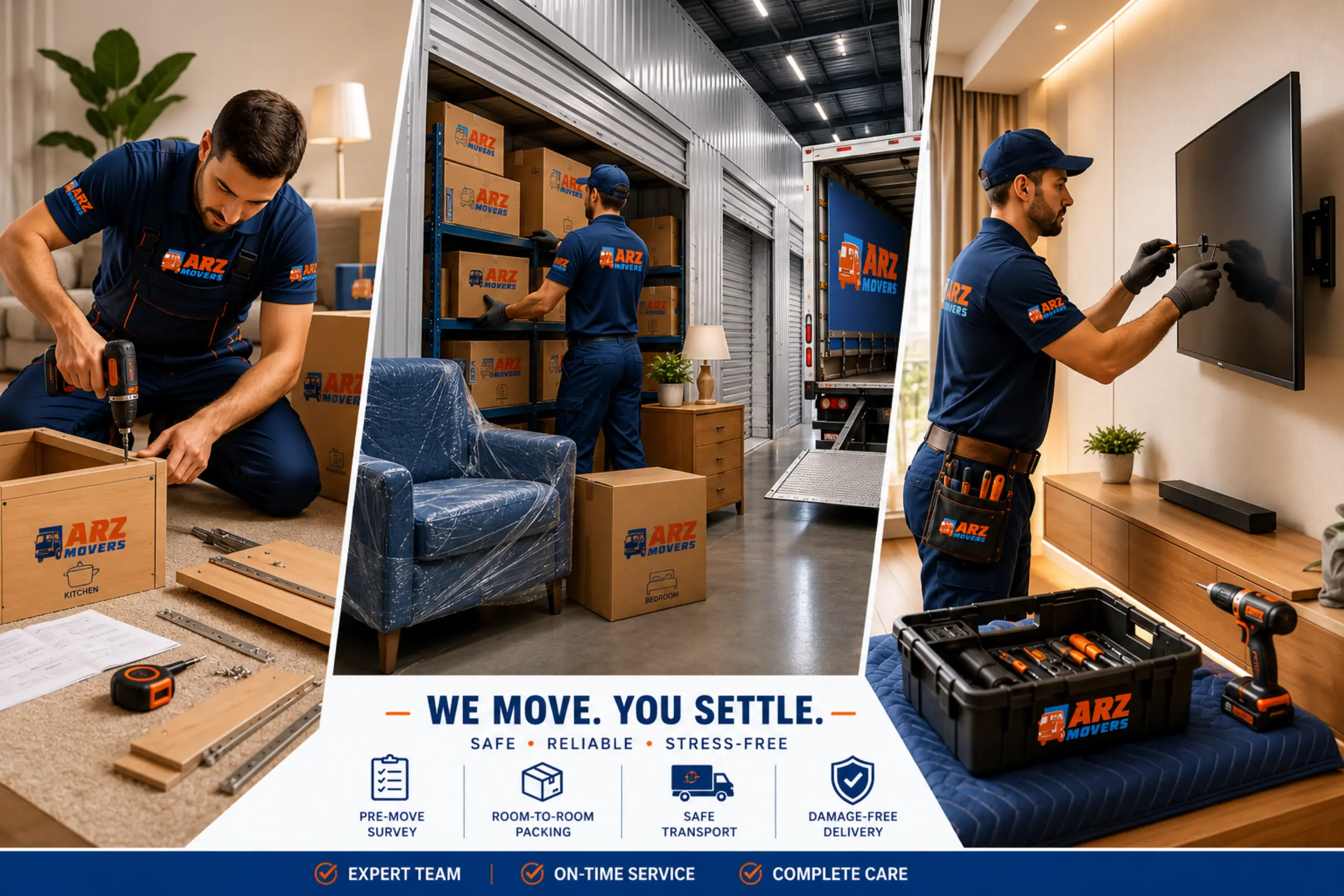 Technical blueprint of apartment relocation workflow showing survey, coordination, packing system, and safe transport steps.