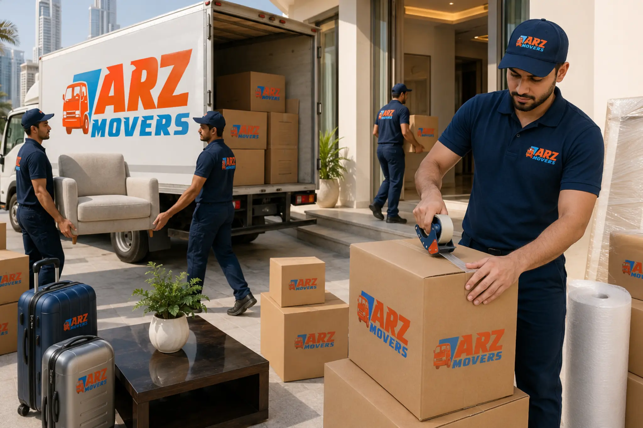 ARZ Movers team in branded uniforms managing a secure home move with tracked trucks, premium packing and logistics.