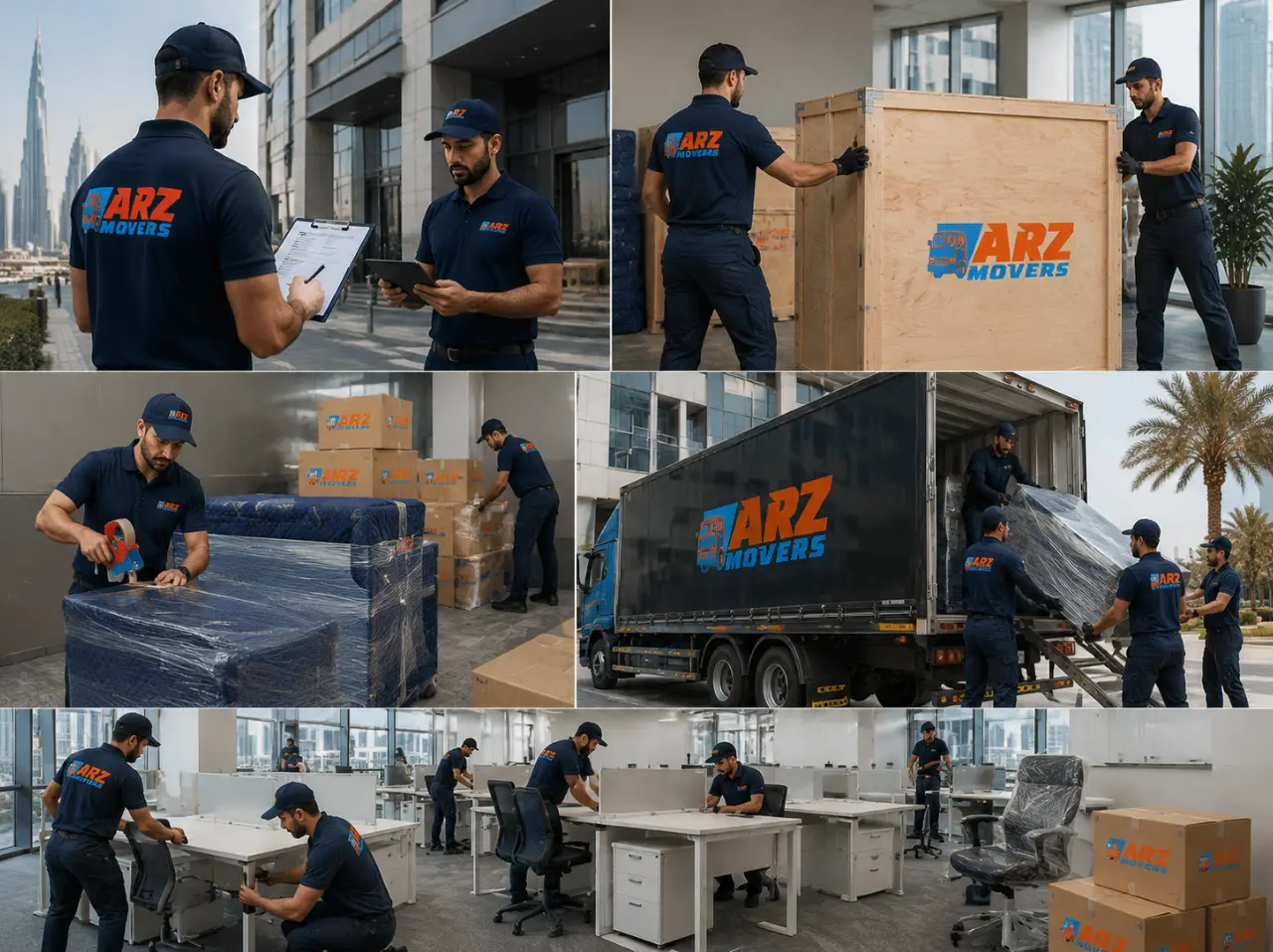 Corporate movers managing office relocation with planning, secure packing, GPS-tracked transport and workstation setup.