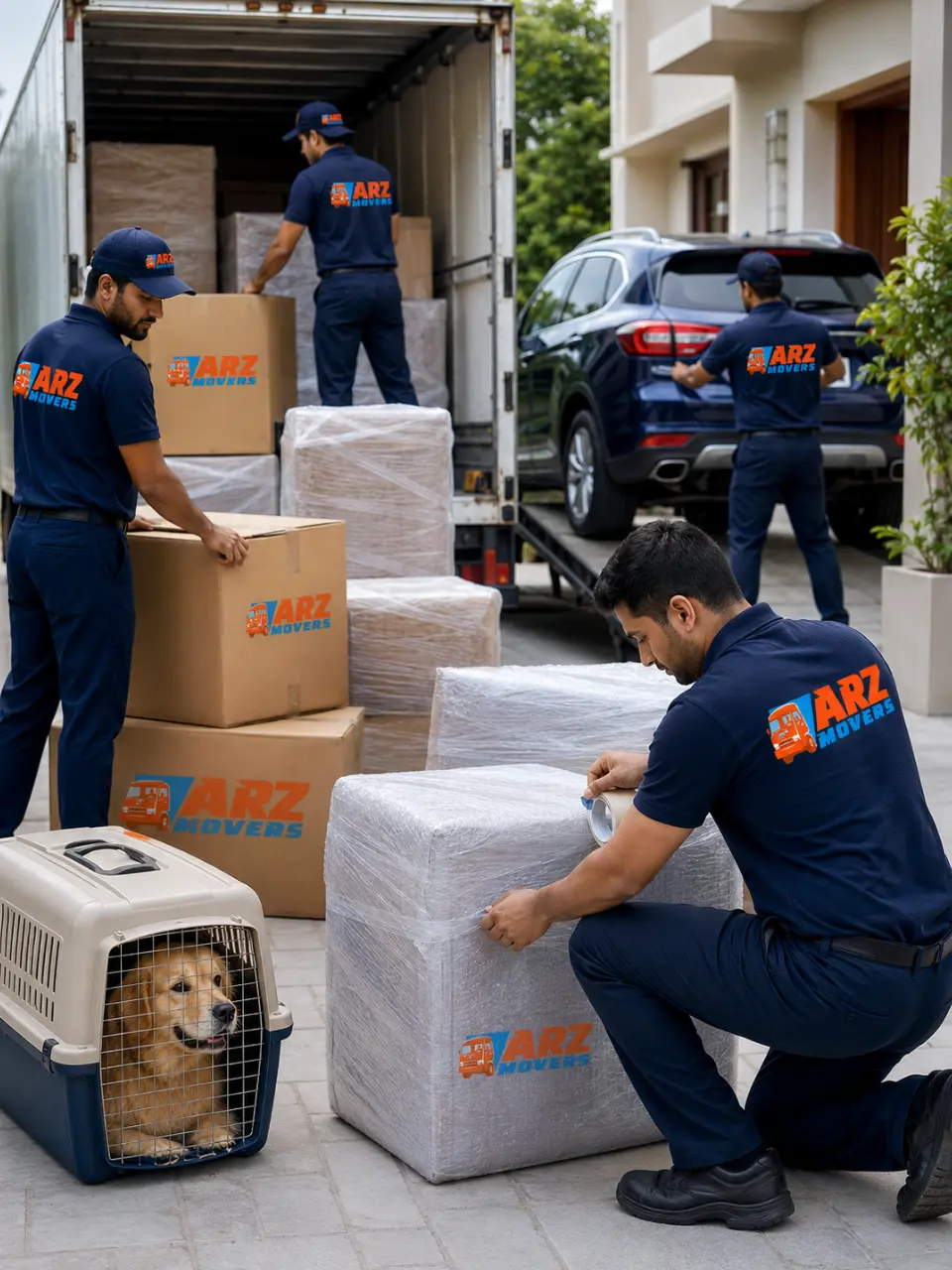 Professional relocation team assisting employees with packing, transport, pet relocation and home moving services.