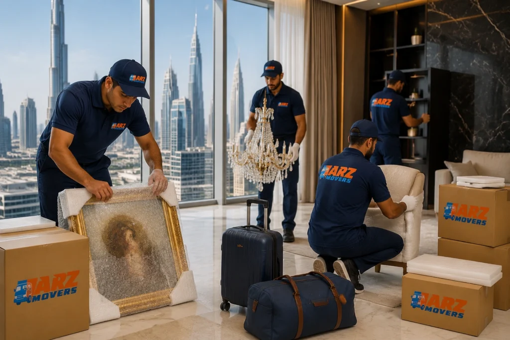 ARZ Movers turnkey relocation Burj Khalifa fine art handling, furniture team, climate-controlled transport.