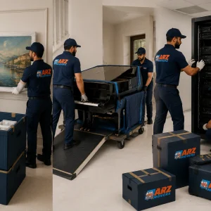 Six-step moving process including survey, packing, permits, secure transport, installation, and final handover.