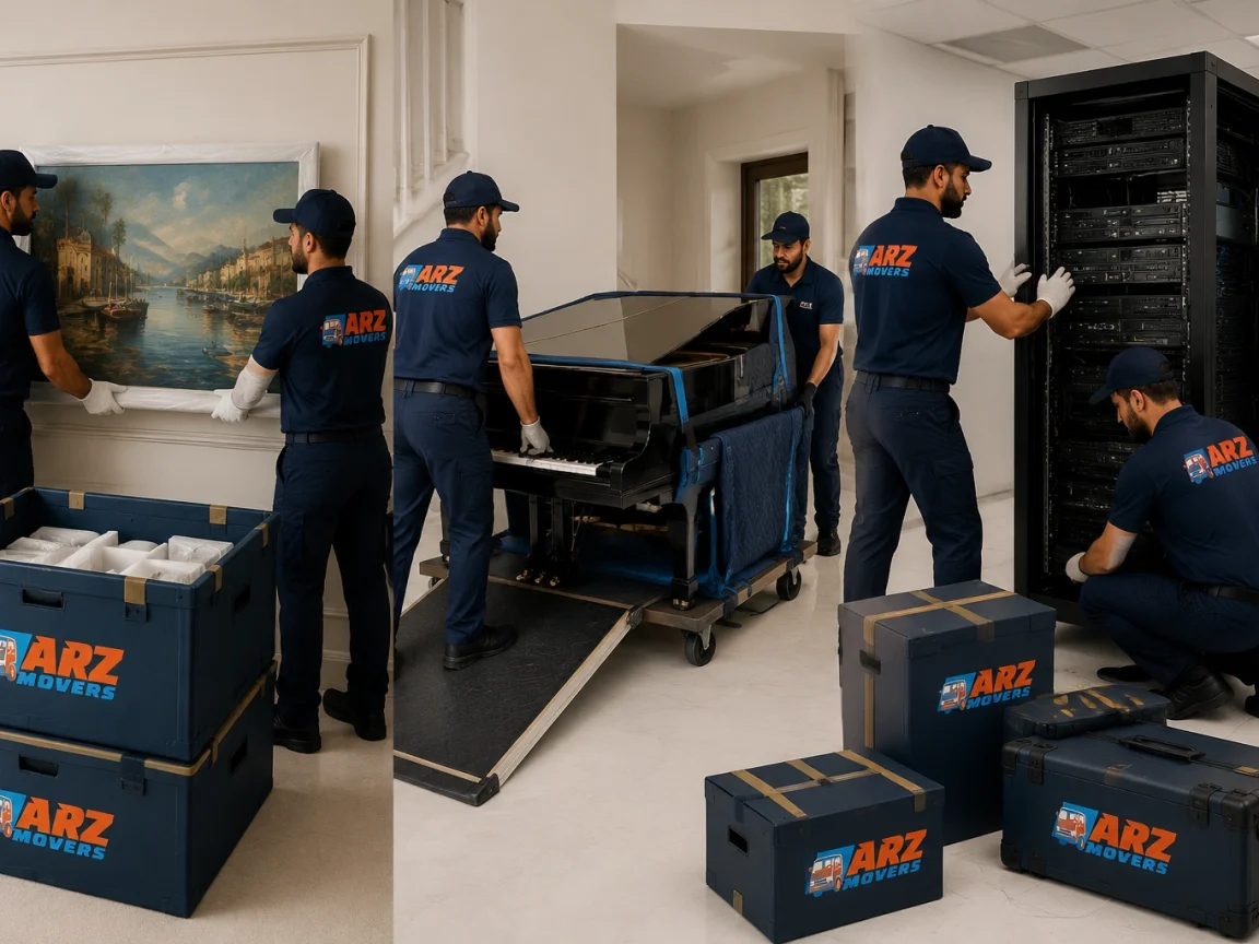 Six-step moving process including survey, packing, permits, secure transport, installation, and final handover.
