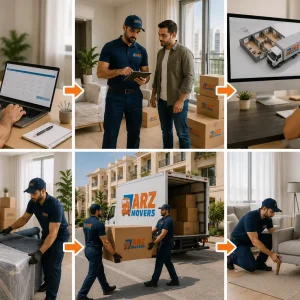 Four-step ARZ moving process: instant truck allocation, professional packing, GPS tracking, unloading & setup service.