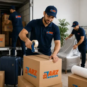ARZ Movers team in Al Ain packing boxes, wrapping furniture, and loading a truck for a safe and stress-free move.