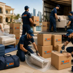Professional moving process in Sharjah with consultation strategy packing GPS transport and final inspection steps process.