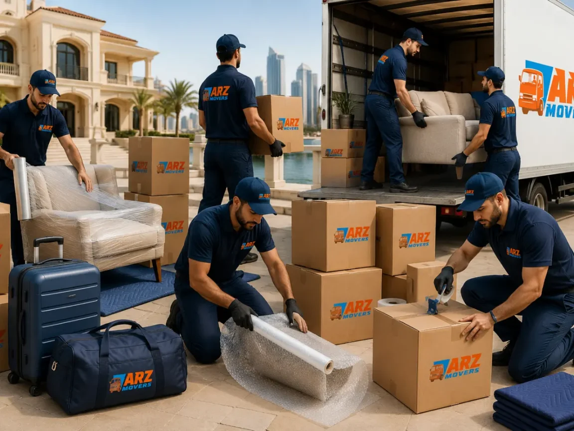 Professional moving process in Sharjah with consultation strategy packing GPS transport and final inspection steps process.