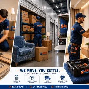 Apartment moving in Ras Al Khaimah with elevator coordination room to room packing and common area protection.