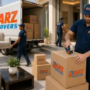 ARZ Movers team in branded uniforms managing a secure home move with tracked trucks, premium packing and logistics.