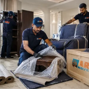 Three-layer packing system with moisture protection, bubble wrap, cardboard shielding, and custom wood crating.