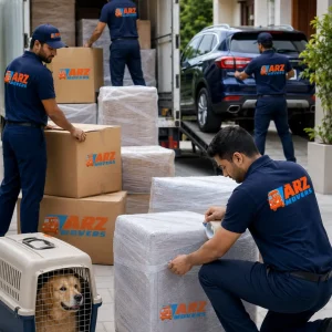 Professional relocation team assisting employees with packing, transport, pet relocation and home moving services.