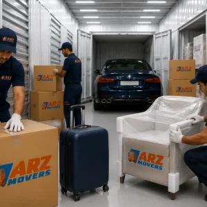 Integrated moving and storage in Abu Dhabi with packing, transport, and organized storage units handled by professional team.